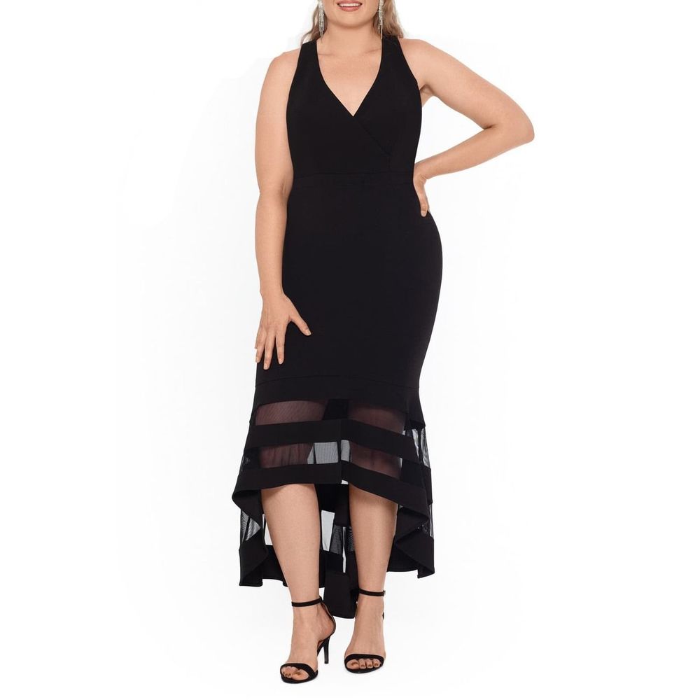 XSCAPE High/Low Flounce Midi Dress in Navy 14W